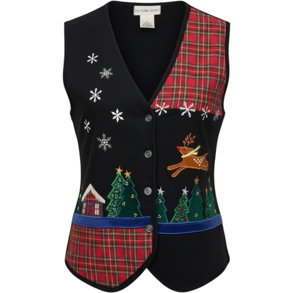 Victoria Sport Womens M Black Plaid Reindeer Embroidered Christmas Holiday Vest